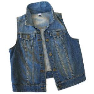 BP. Denim Jean Truckers Vest Sandblasted Fadded Indigo Flap Chest Pockets Y2K M